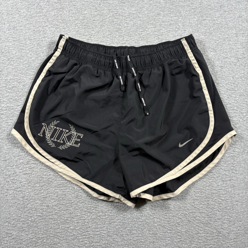 Nike Womens Medium Dri Fit Tempo Running Shorts Black Laurel Wreath Graphic Trim